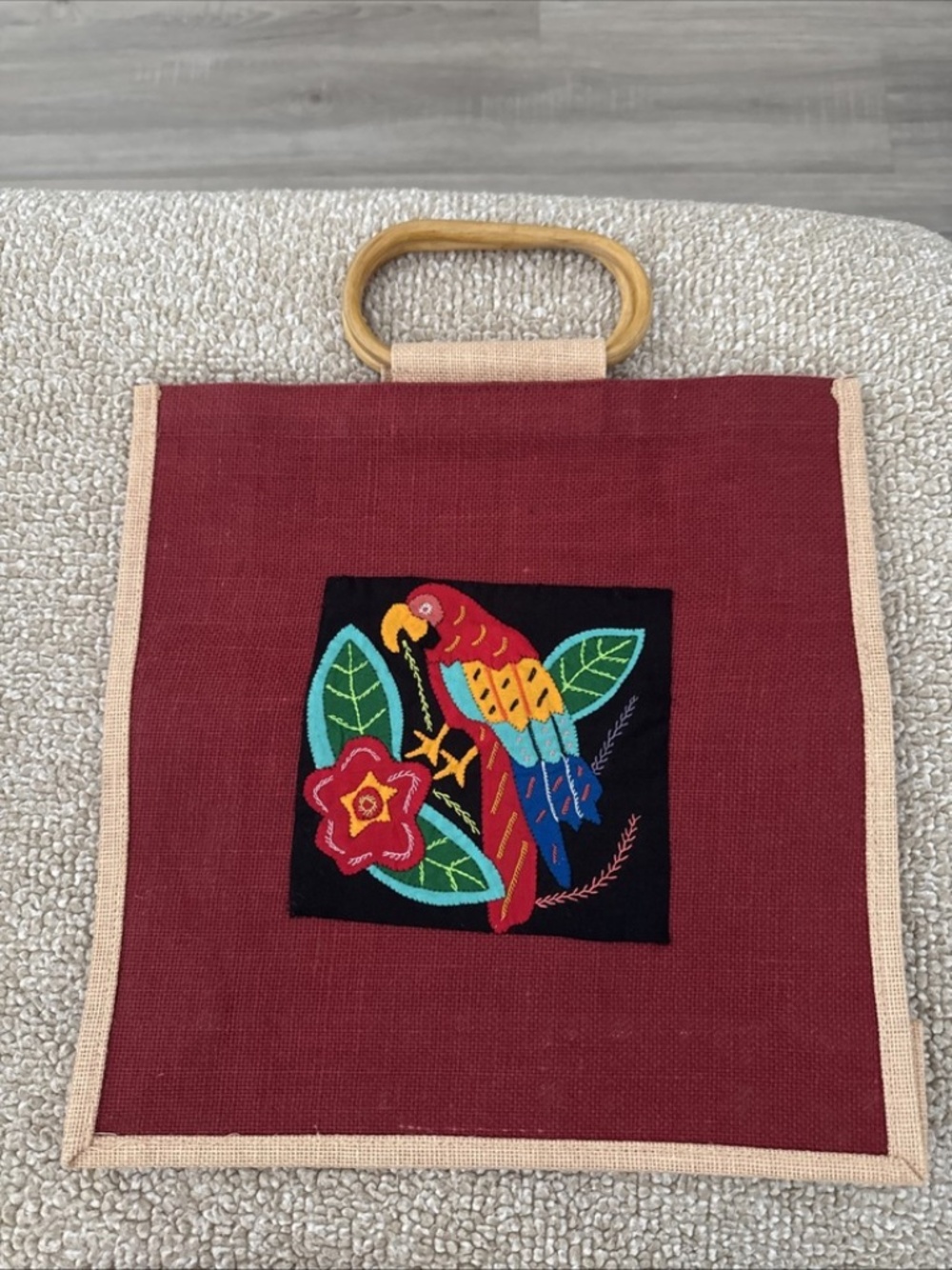 Handwoven Panamanian Tote Bag Colorful Bird Wooden Handles Boho Vintage